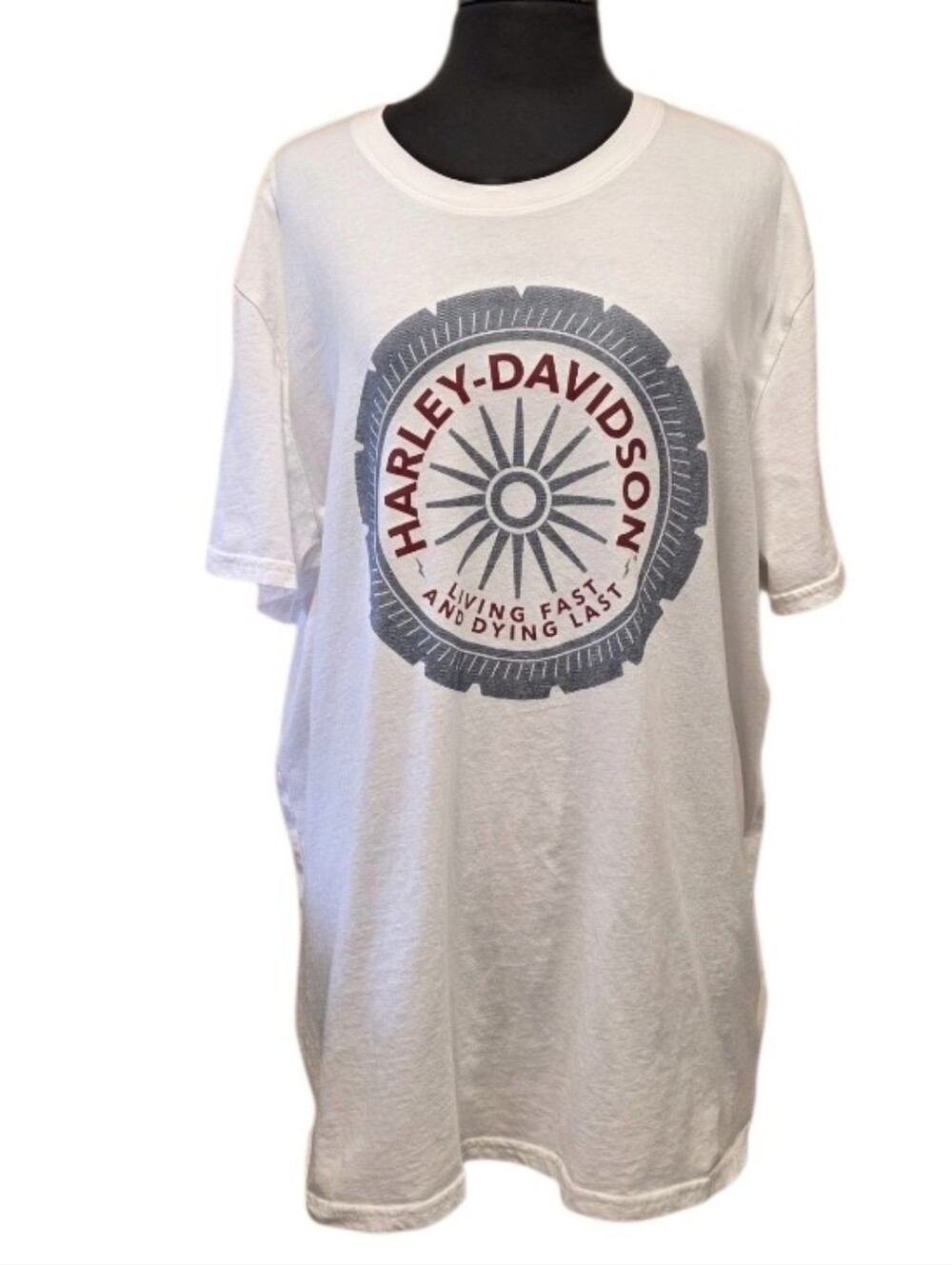 Harley-Davidson White Tee with Red and Gray Wheel Emblem